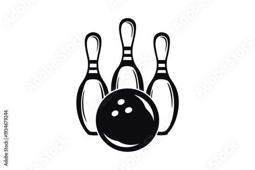A black bowling ball sits in front of several bowling pins in monochrome