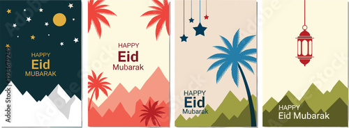 Collection of four minimalist flat style vertical Eid Mubarak greeting banners featuring desert mountains palm trees and traditional hanging lanterns.