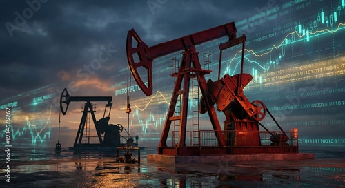 Futuristic digital art of red oil pumpjacks at twilight with reflective wet ground, dramatic moody lighting, overlaid transparent stock market charts, binary code, teal yellow financial data