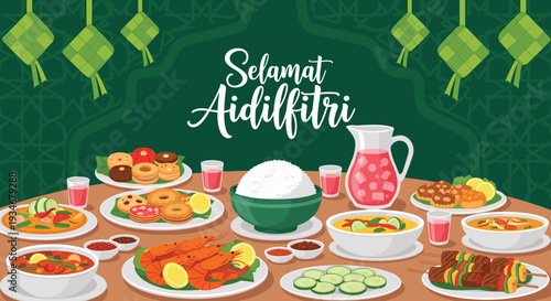 Selamat Aidilfitri festive vector illustration featuring a delicious traditional Malay feast on a dining table with ketupat and various dishes.