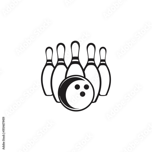 A monochrome bowling ball sits before five bowling pins, ready for action