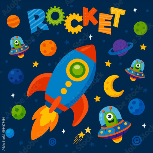 Rockets in space. Cartoon vector illustration.
