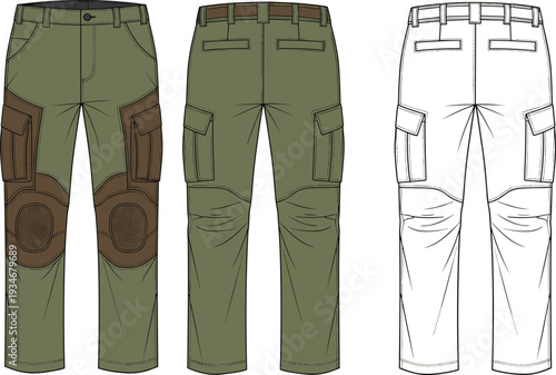 Technical Design Template of Men's Cargo Tactical Pants, Featuring Front and Back Views, Functional Pockets, Reinforced Knees, and Line Art Vector