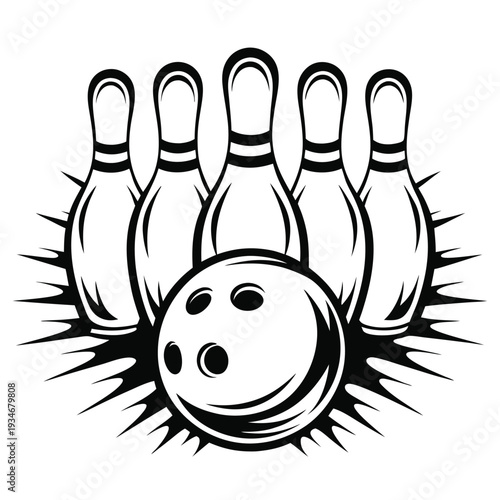 Striking black bowling ball shatters pins with radiating spikes in a monochrome design