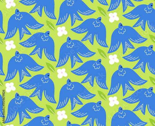 Bright Green Seamless Pattern with Blue Swallows and Small Flowers, Vibrant Spring Bird Background for Textile and Kids Decor