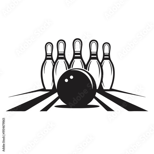 Black and white bowling ball is about to strike five pins ahead quickly