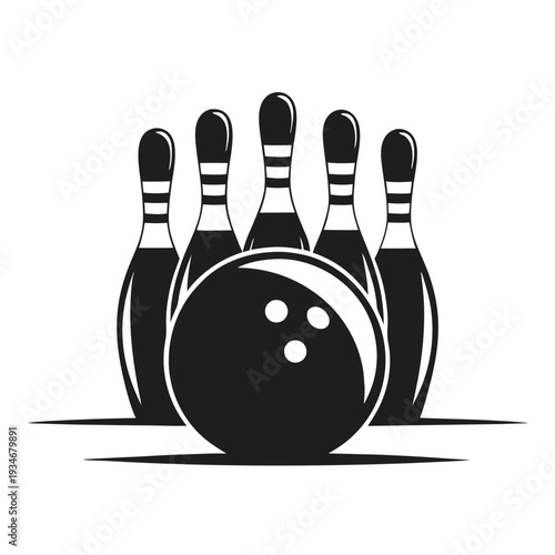 A black bowling ball nearly strikes the pins in a monochrome scene