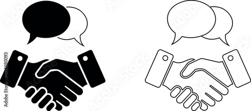 Handshake black and outline icon with speech bubbles for business agreement and communication vector set isolated on transparent background