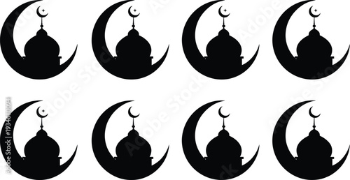 Collection of simple black silhouette icons featuring traditional mosque domes with minarets enclosed within large crescent moons for Islamic designs.