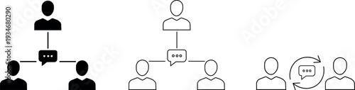 Hierarchy black and outline icon set of people communication network vector silhouette isolated on transparent background
