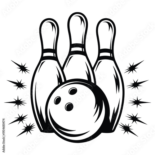 illustrates a bowling ball hitting three pins surrounded by starbursts in black and white