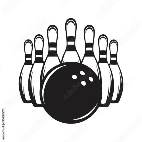 shows a black bowling ball poised to strike black and white bowling pins