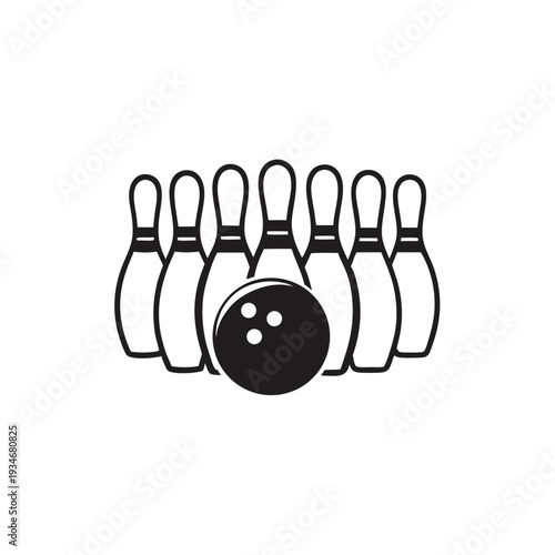 A black bowling ball sits before seven bowling pins in a graphic