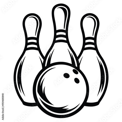 The black and white bowling ball is ready to knock down three pins
