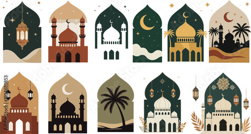 Set of elegant arched window frames featuring beautiful Islamic scenes with mosques and traditional lanterns in a muted earthy palette.