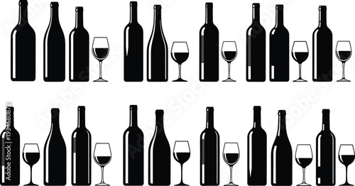 Wine bottle and glass silhouettes set, elegant alcohol drink icons collection, vineyard winery vector graphics, isolated black barware beverage stickers.