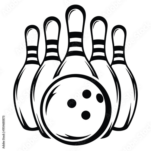 Black and white bowling ball is rolling toward the bowling pins ready to knock them down