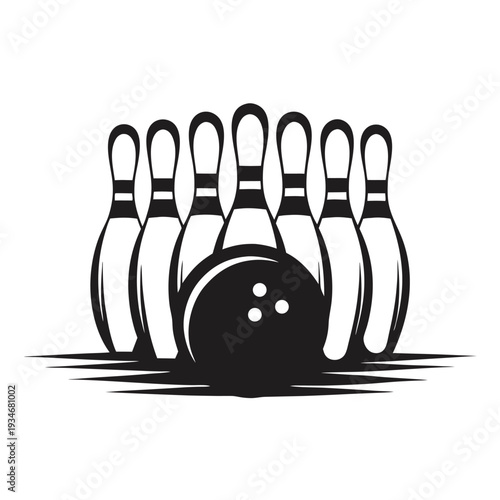 An impactful bowling strike depicted through monochrome pins and ball evokes sportsmanship and competition