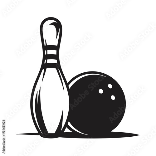 A classic bowling game featuring a pin and ball are illustrated in monochrome