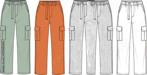 Technical Flat Sketch of Men's Cargo Pants with Elastic Waistband and Side Pockets in Multiple Colorways for Fashion Design Template