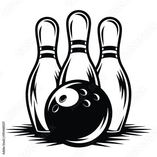 displays classic monochrome bowling setup, featuring pins and ball in dynamic placement