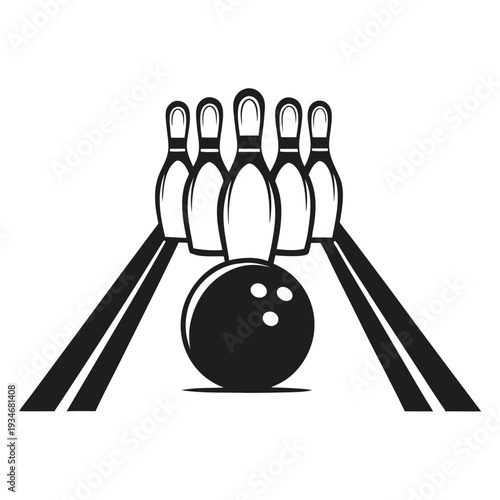 Black and white bowling ball is rolling toward pins on the lane