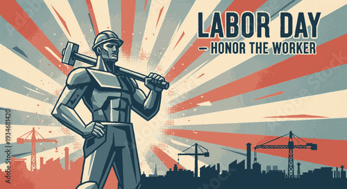 Labor day honor worker construction site silhouette sunburst background