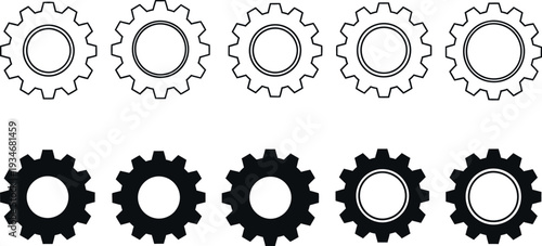 Eight interlocking gear icons in two rows