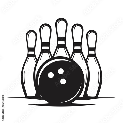 Isolated bowling ball strikes pins, creating a striking monochromatic vector, perfect for logos
