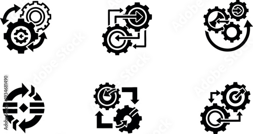 Six black and white gear icons with various interlocking designs
