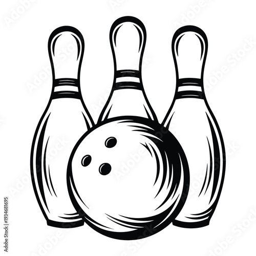 A black bowling ball is lined up against three pins in this grayscale image