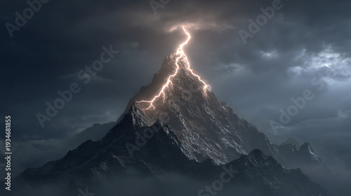 The impact of glowing lightning striking a dark mountain peak. (2)