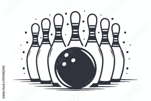 A bowling ball sits poised amongst three black and white bowling pins, ready to strike