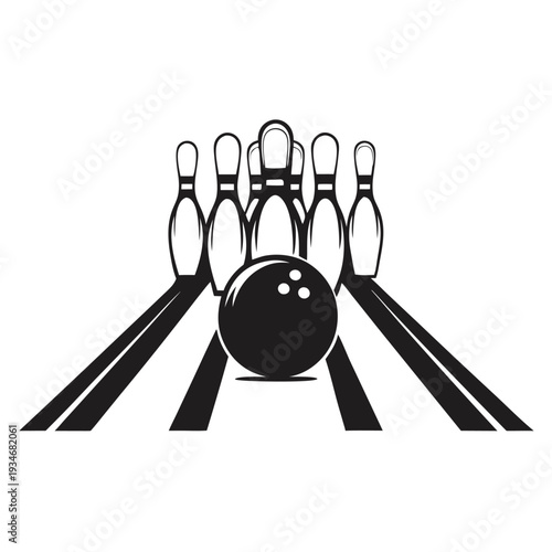 A black bowling ball is striking the pins on the lane in monochrome