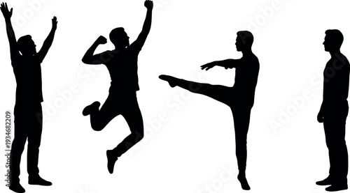Vector Silhouette Set of a Young Man in Dynamic Poses Including Jumping Standing and Dancing for Health Fitness Success and Lifestyle Design.