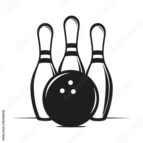 Monochrome depicts bowling pins arranged behind a bowling ball on a white backdrop