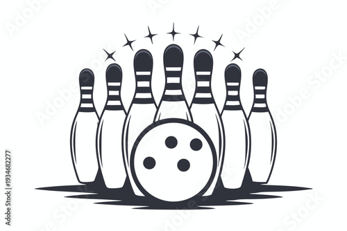 A black bowling ball sits in front of several bowling pins in monochrome