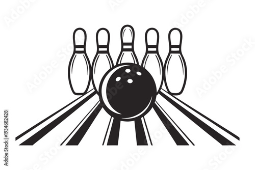 A bowling ball rests ready amidst the monochrome pins arranged in a classic formation