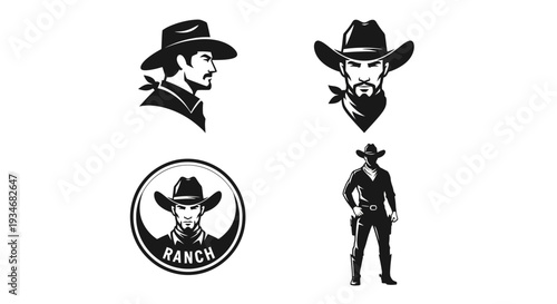 Minimal cowboy silhouette logo set featuring 4 western branding variations including side profile with hat, cowboy head with bandana, circular badge emblem, and full body standing pose.