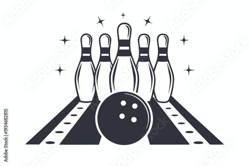 A black bowling ball sits in front of several bowling pins in monochrome