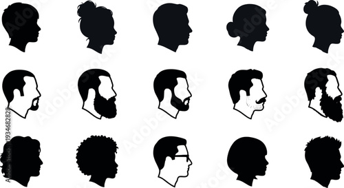 Vector Silhouette Set of Diverse Human Head Profiles Featuring Various Hairstyles and Beards for Identity Design Social Media Avatars and Personal Branding.