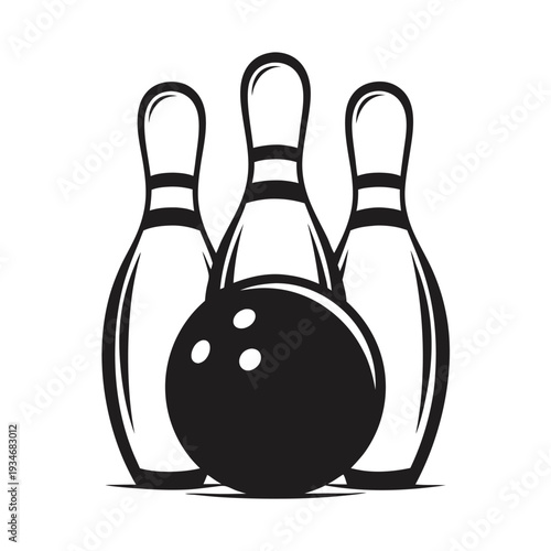 Three bowling pins stand behind a bowling ball on a lane waiting for action