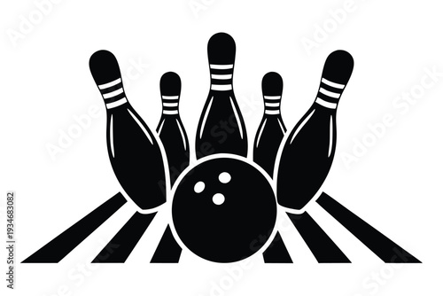 A monochrome bowling ball sits before ten pins in an arrangement on the lane