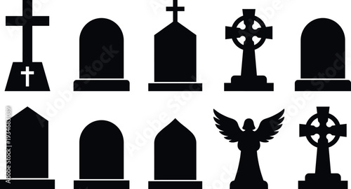 Tombstone and Headstone Silhouette Icon Set with Christian Cross, Celtic Cross, Angel Statue, and Various Grave Markers for Cemetery and Memorial Design.