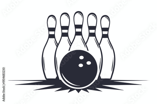 A black bowling ball sits in front of several bowling pins in monochrome