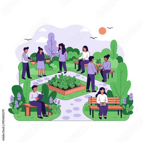 Community Garden Gathering: People Planting and Relaxing in a Shared Green Oasis of Nature