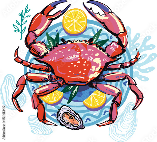 Vibrant crab on a plate with lemon oyster and seaweed illustration