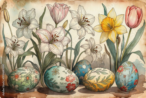 A watercolor painting of Easter eggs decorated with floral patterns and surrounded by lilies and tulips.