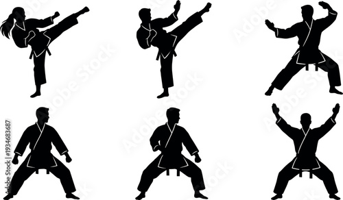 Karate martial arts silhouettes set with high kick and fighting stances, black vector fighters collection isolated on white background