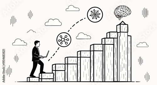 Man in suit with laptop climbing stairs representing career growth and AI development towards brain icon